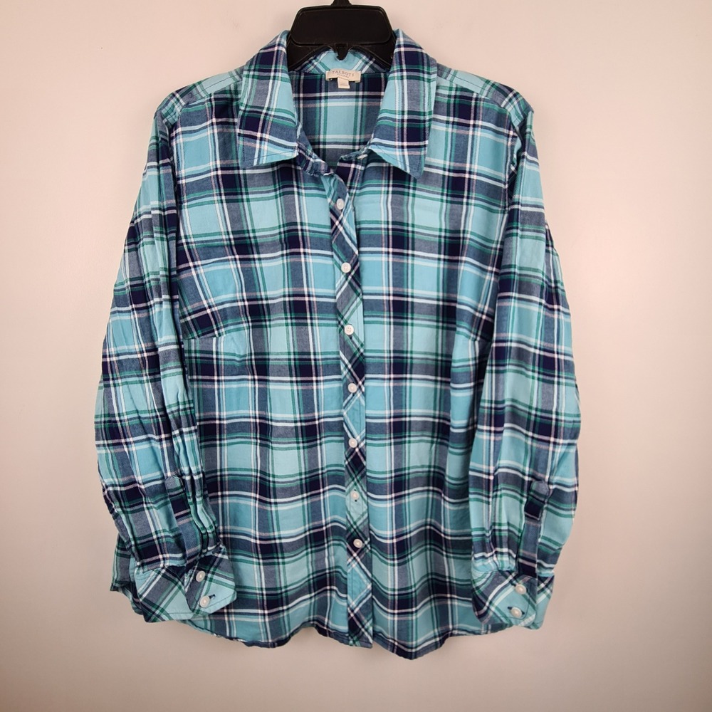 Talbots Plus 1X Blue Teal Plaid Button Down 100% Cotton Long Sleeve Shirt